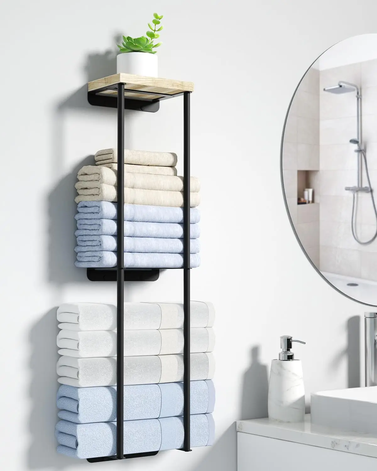 

Modern Black Metal 2-Level Wall-Mounted Towel Storage With Natural Wood Top Shelf For Bathroom Organization