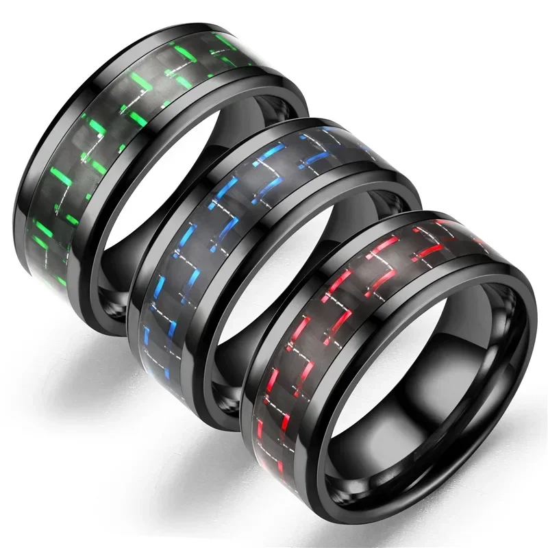 Anillo de acero inoxidable negro de 8mm para hombre, anillos de fibra de carbono azules con incrustaciones, 6 colores, regalo de joyería para boda, venta al por mayor