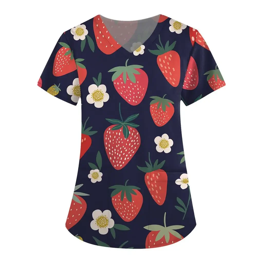 المرأة تي شيرت الفاكهة نمط بلوزات على شكل v جيوب العمل موحدة ممرضة البرتقال ارتداء طباعة فام بلوزة الزي الطبي قمصان #4