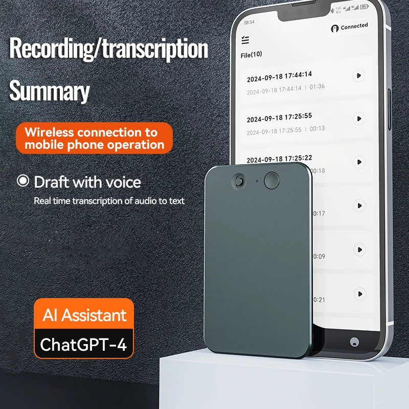 AI Powerd ChatGPT-4 App Phone Call Mini Audio Voice Recorder Espia Transcribe Summarize 58Language Translator Audio Dictaphone