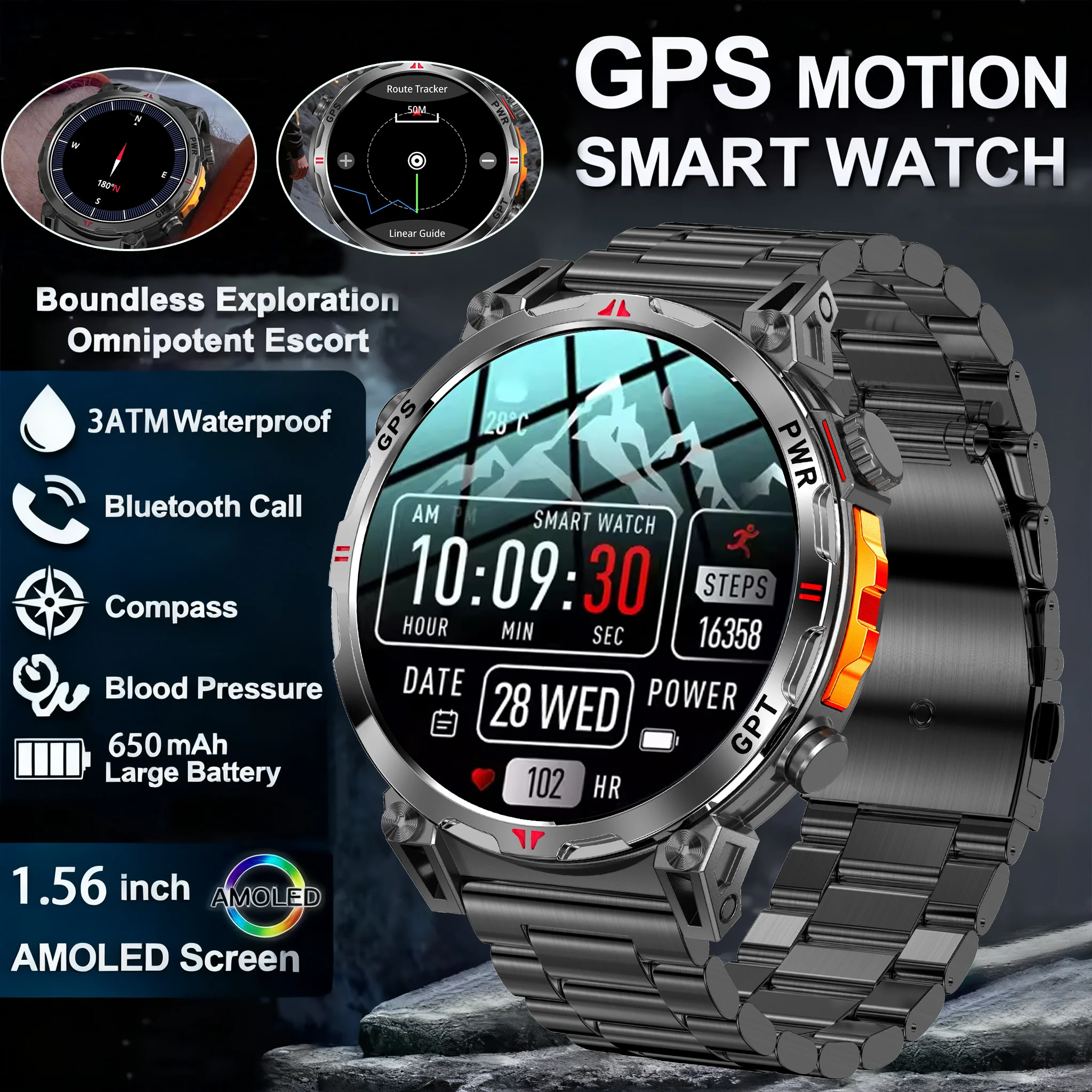 

New Outdoor GPS GPT Compass Smart Watch 3ATM Waterproof Fitness Track Heart Rate BT Call Professional Sports 650mAh Smartwatch