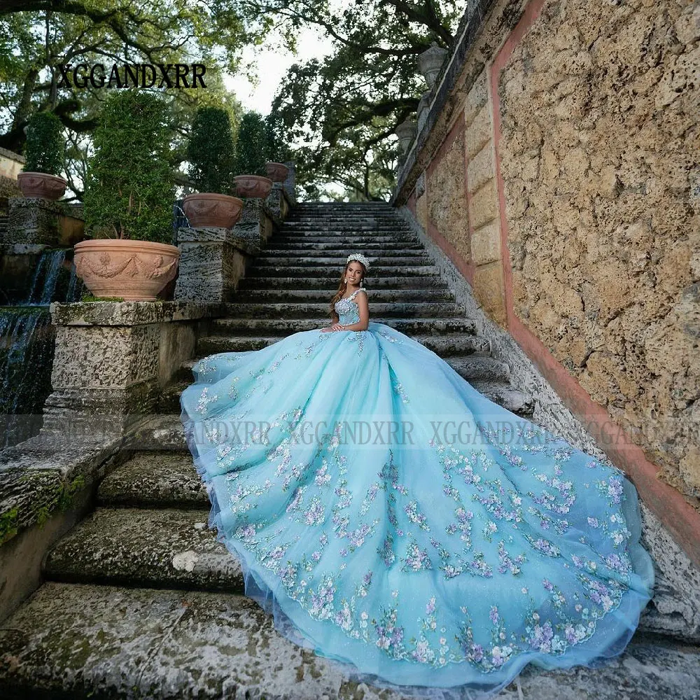 Elegante princesa doce vestido de baile, Flores 3D, Vestidos Quinceanera azuis, 16 vestidos senhorados, 15 anos, Primavera, 2022