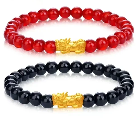 24k pure gold pixiu  + red agate beads bracelet  gold balls bracelets 6mm black agate hand strings diy charms bracelet