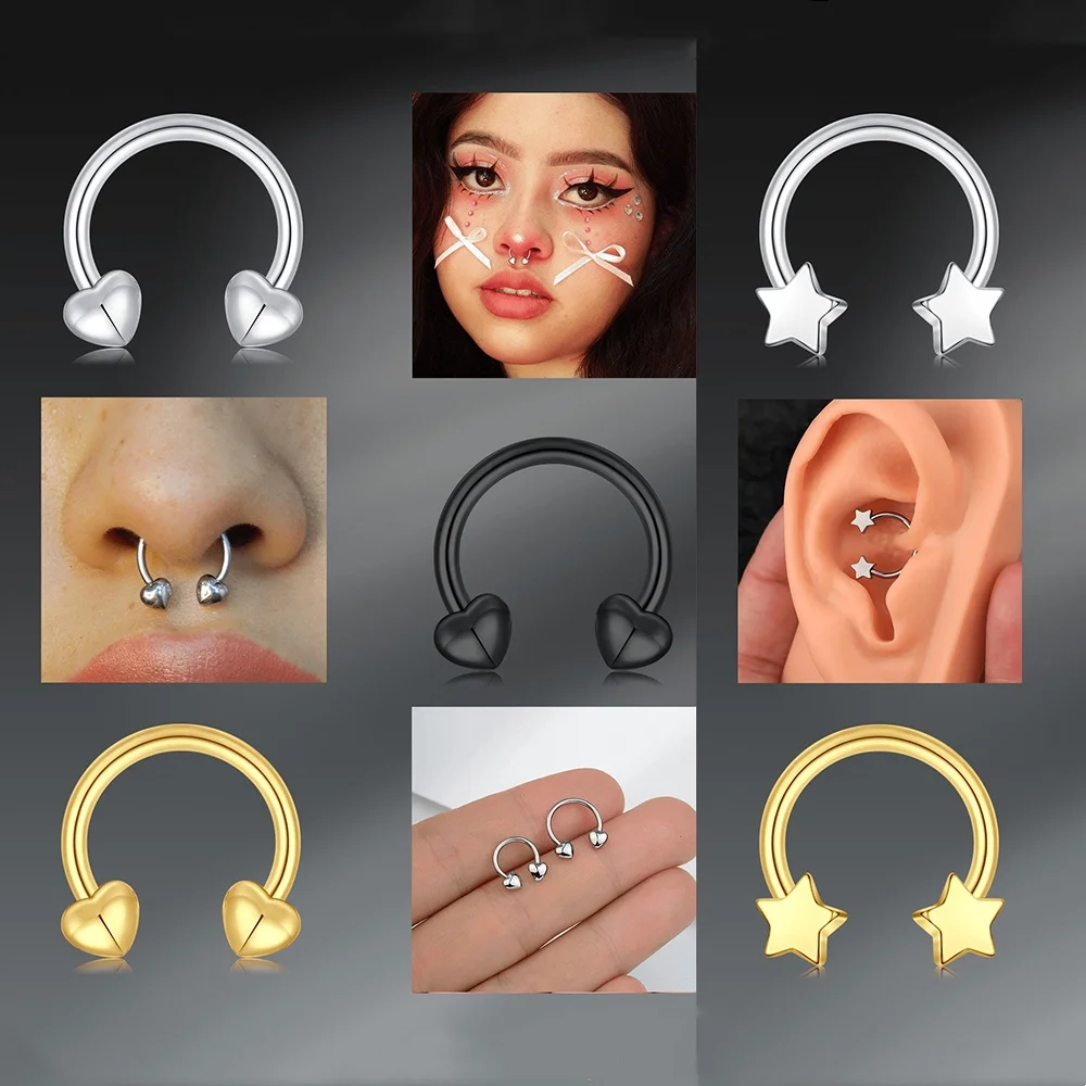 1pc 16G Stainless Steel Star Heart Septum Nose Ring Hoops Horseshoe Nose Ring Hoop Rings Piercing Jewelry for Women Men