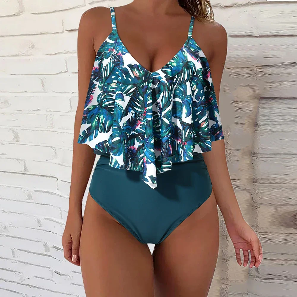 Tankini jednoczęściowy strój kąpielowy kobiety Plus Size strój kąpielowy z falbanami na ramionkach strój plażowy Monokini jednoczęściowy strój