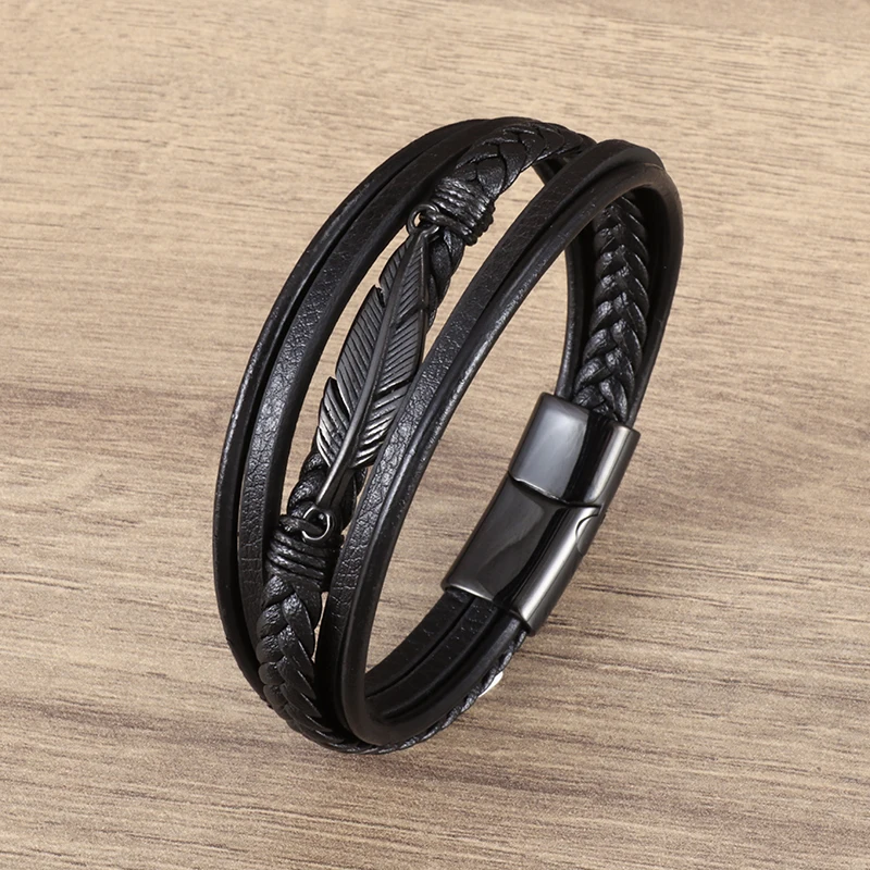 Multilayer Feather Leather Wrap Bracelet Men Classic High Quality Jewelry Gift Male Business Bracelet with Metal Magnetic Clasp