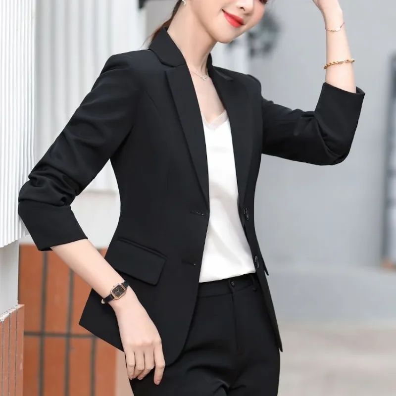 Women's Autumn Winter Fashion Elegant Solid Color Suit Collar Button Pocket Commuting Versatile Long Sleeved Slim Fit Suit