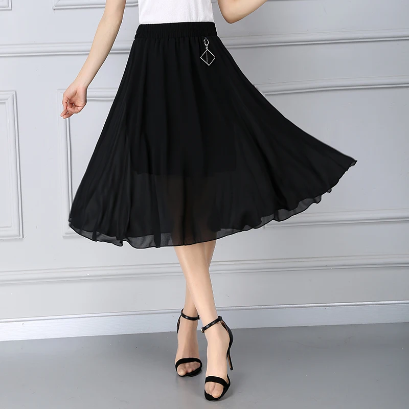 #1703 Black Red Green Blue Red Chiffon Skirts Womens A-line Pleated Skirt Ladies Sexy Elegant Formal Skirt Female Elastic Waist