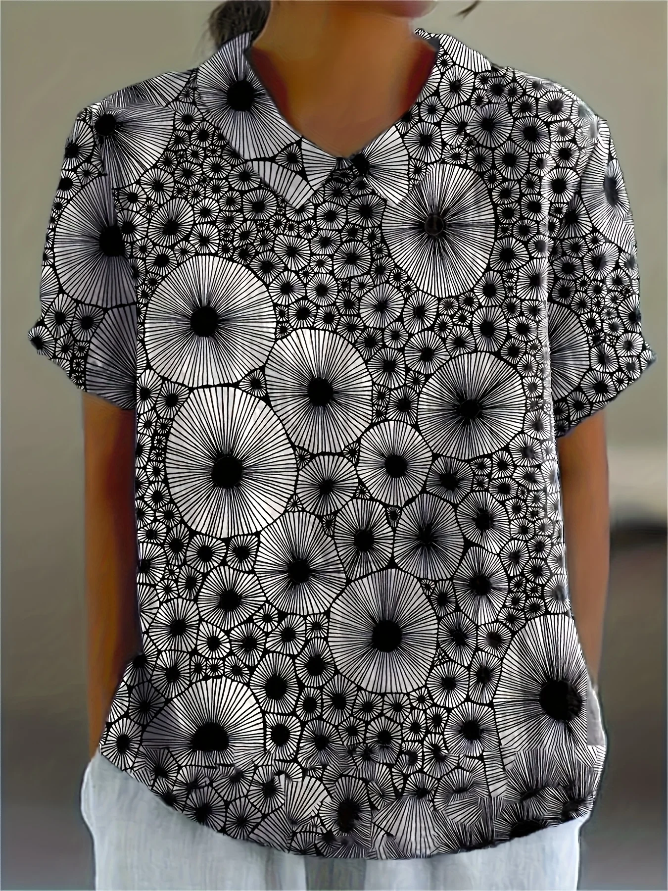 

Women's Fashion Artistic Floral Print Short Sleeve V Neck Button Shirt Tops Women's