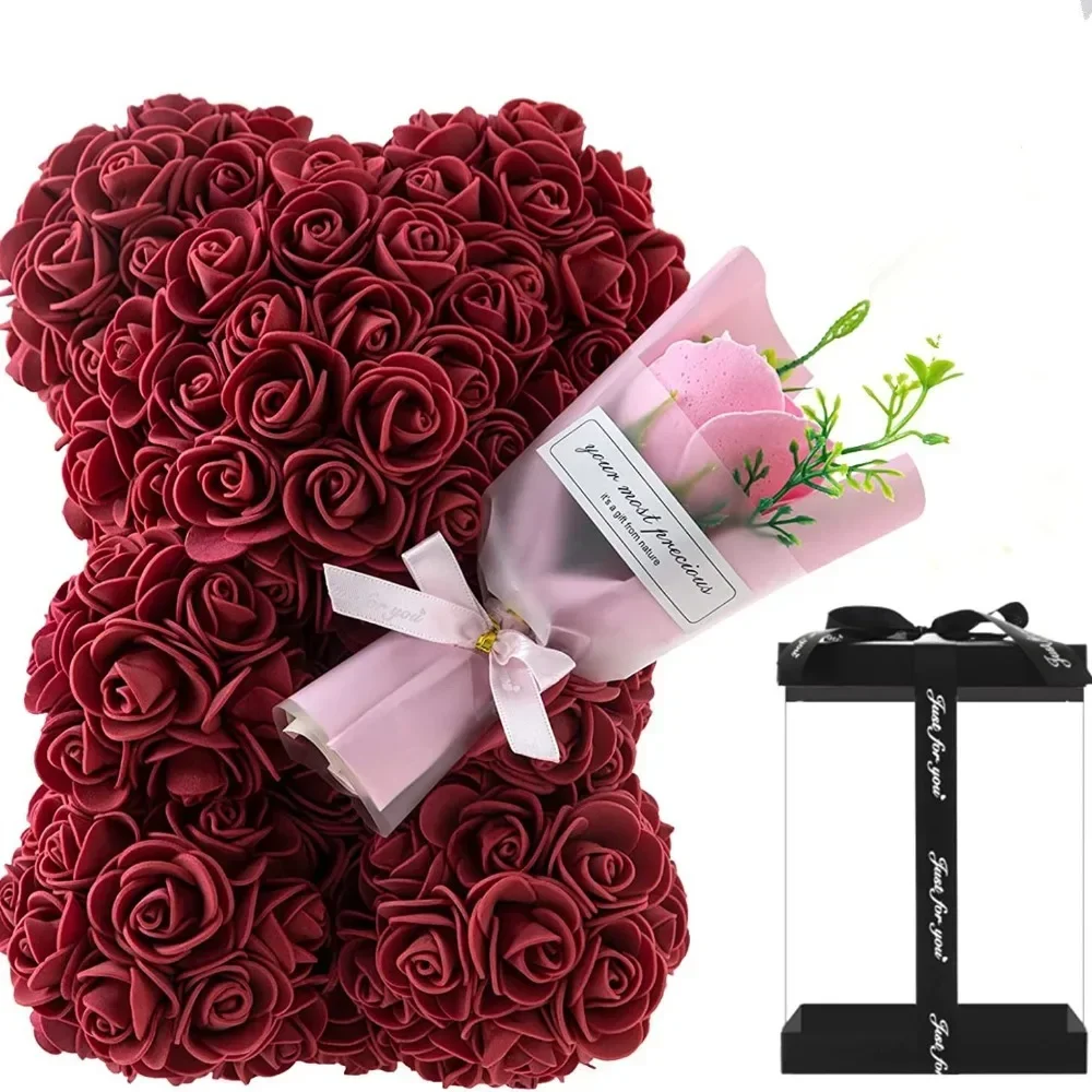 Romantic Valentines Day 25cm Artificial Rose Bear with Box for Girl Friend Women Baby Gift Brithday Present Confession Bear