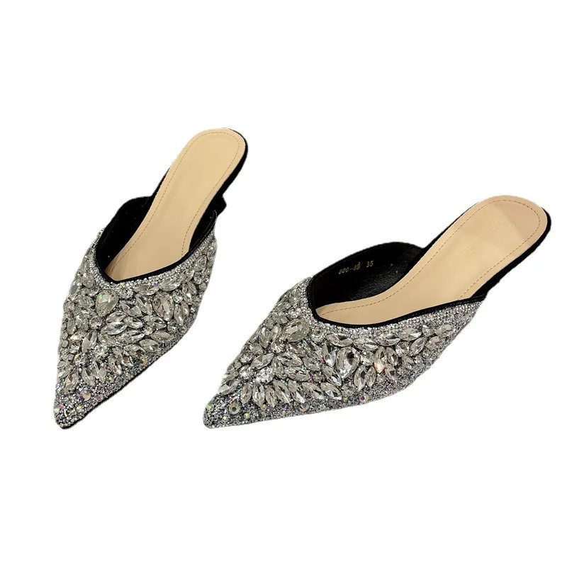 

Rhinestone Sandals Women Slingback Slippers Female Fashions Low Heel Flip-flops Shiny Pointed Pumps Women Mules Slippers