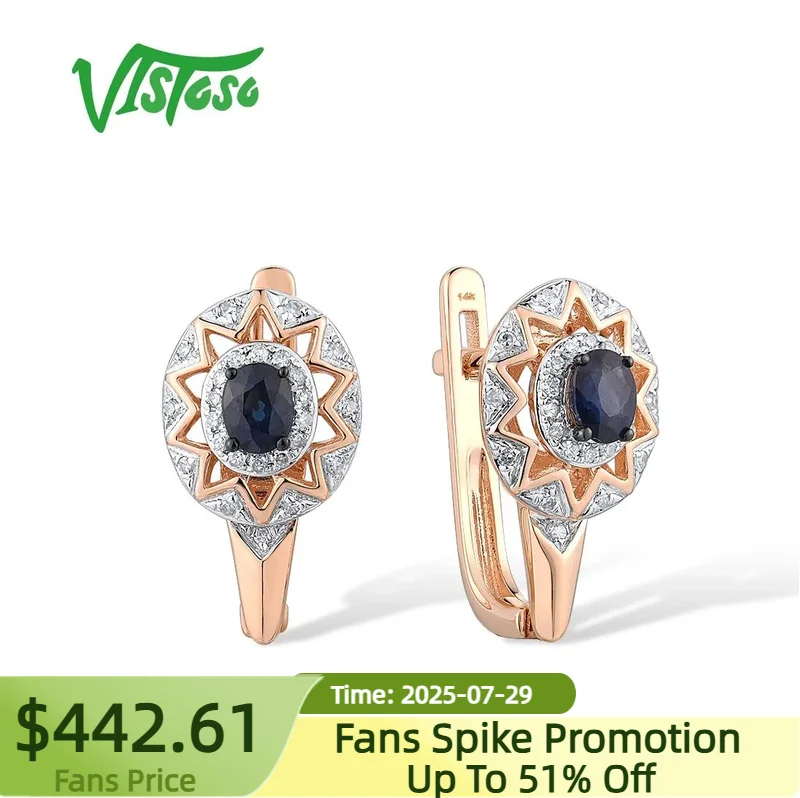 

VISTOSO Pure 14K 585 Rose Gold Earrings For Lady Exquisite Sparkling Diamond Blue Sapphire Anniversary Elegant Gift Fine Jewelry