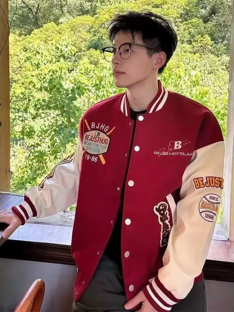 Red Embroidered Letter Jacket Men's Autumn Winter American Retro Style Baseball Coat Couple Matching Loose Fit Long Sleeve