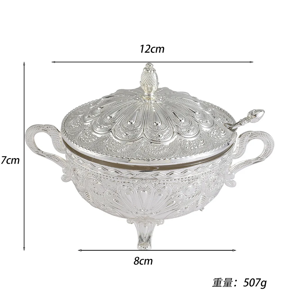 Europea Style Silver Peacock Pattern Sugar Bowl with LidSilver Alloy Spice Salt Cheese ContainerCoffeeBeanStorageJarKitchenDecor view 2