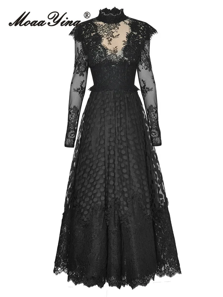 

MoaaYina High Quality Fashion Runway Summer Dress Women Lace Stand Neck Sheer High Waist Long Sleeves Princess Style Midi Dress