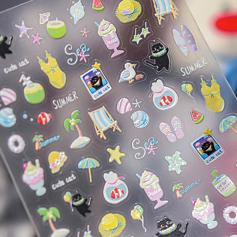 5D Summer Bikini Beach Nail Decal Swim Ring Duck Seashell Fish Balloon Coconut Tree Watermelon Seashell Starfish Nail Art Sticke