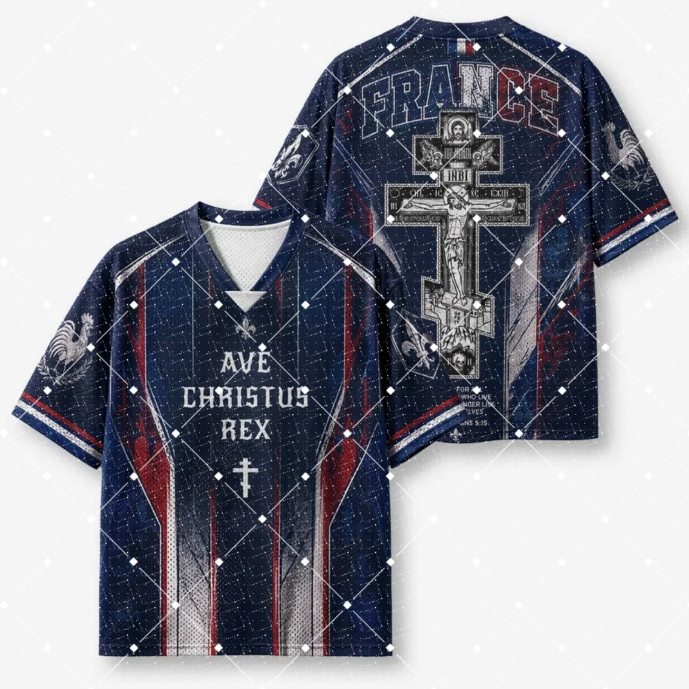 France Religious Cross Mesh Football Jersey Ave Christus Rex Crucifix Print V‑Neck French Flag Color Short Sleeve Sports Tee Top