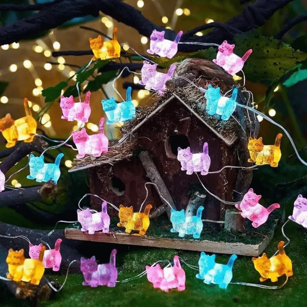 10/20pcs Lights Cat Shaped String Lights Cute Cartoon Kitten Decorative Light Battery Operated Christmas Tree Decorative Lights