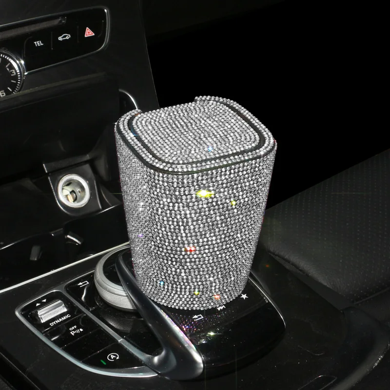 Car Diamond Ashtray LED Lights with Cover Windproof and Odor-Proof Bling Bling Mini Auto Trash Can Car Accessories for Women