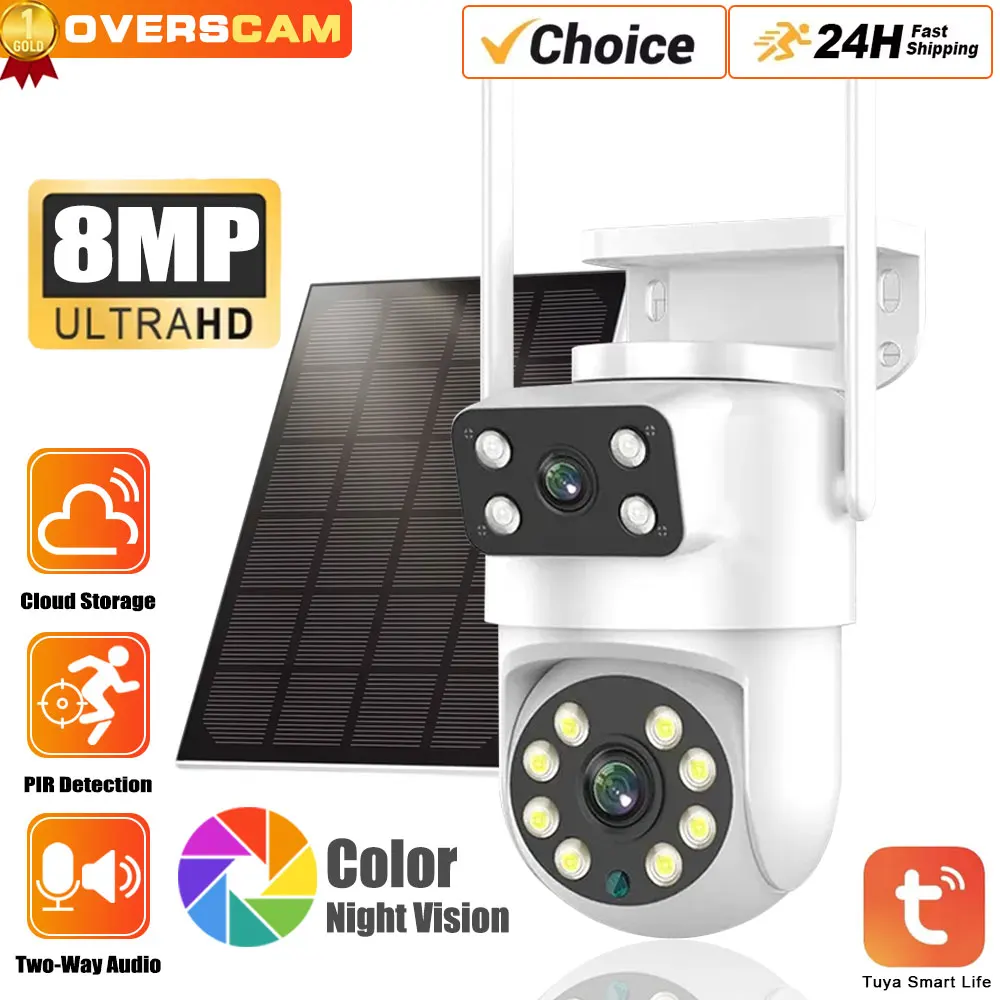 

4K 8MP WiFi Solar Battery Camera Dual Lens Dual Screen Outdoor Security Protection PTZ PIR Detection CCTV Surveillance Tuya app