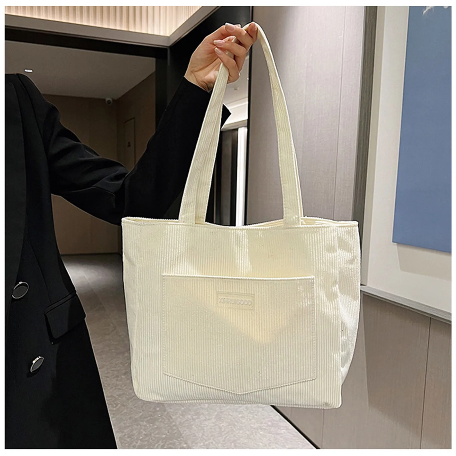 

Large Shoulder Bag Trendy Corduroy Tote Bag Solid Color Ladies Handbag With Front Pocket Designer Bags Bolsos De Mujer Сумка Sac