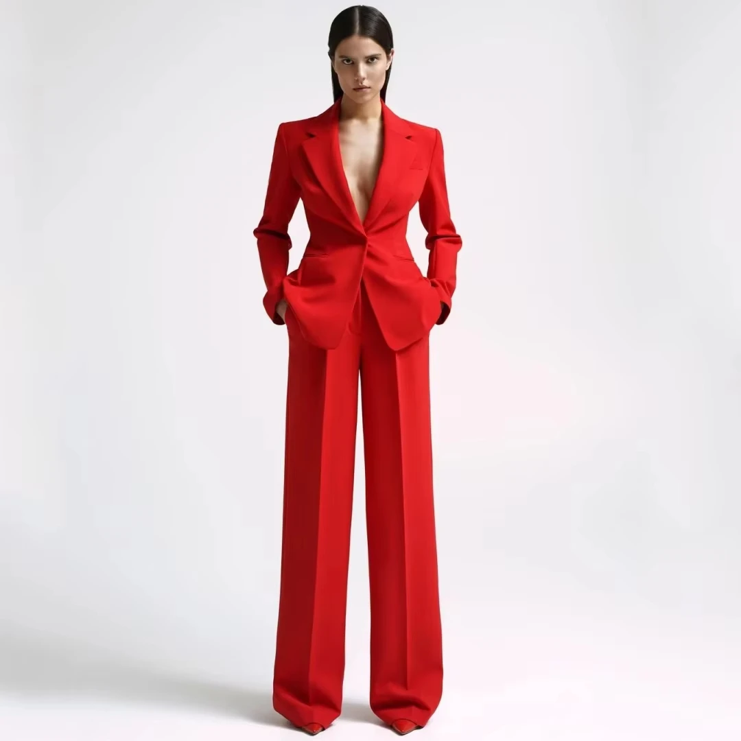 Women Suit 2 Pieces Red With Lapel Single Button For Wedding Party Business Work Daily Commute Casual Shopping Blazer And Pant