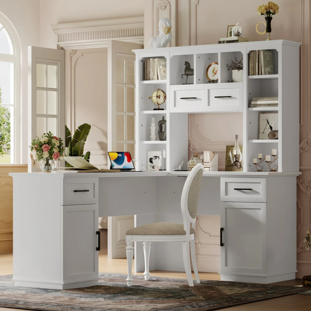 

L-Shaped Computer Desk with 2 Cabinets and 2 Drawers, 11 Open Shelves and 1 Right Flip Shelf with Storage, with Power Outlet