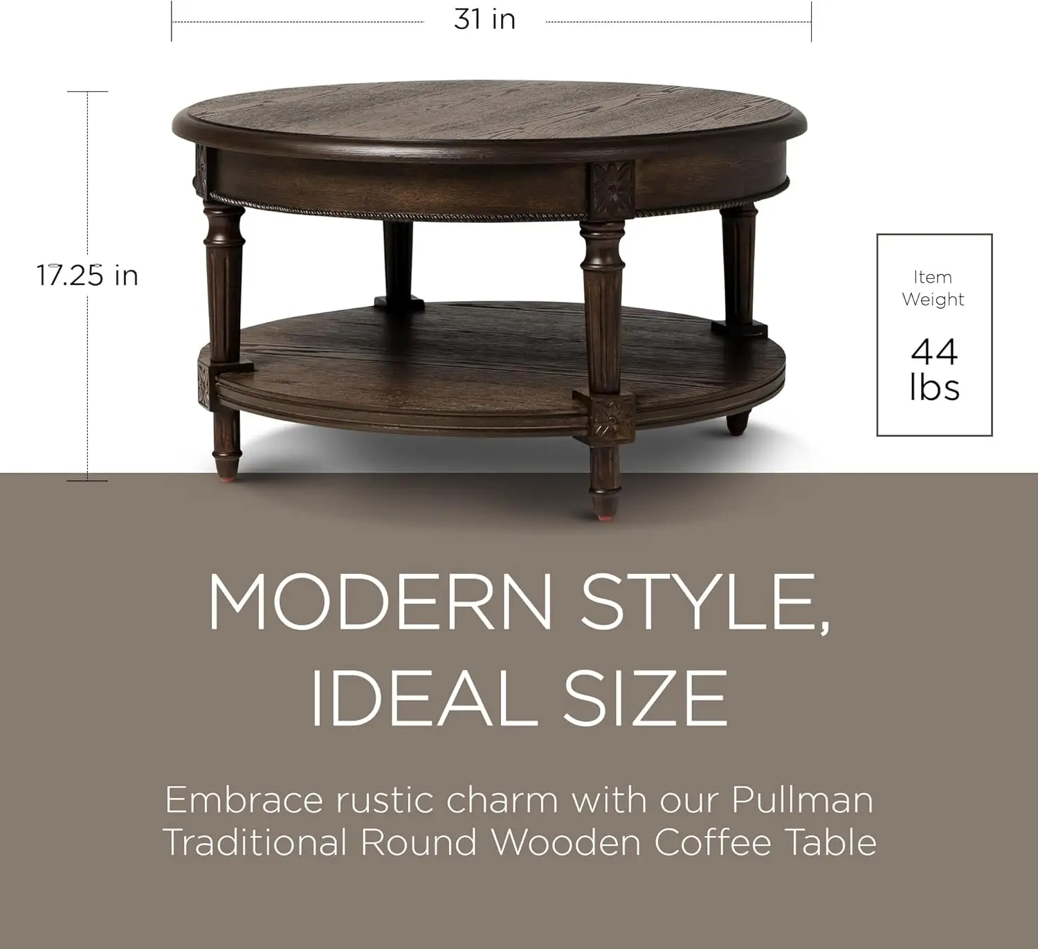 Pullman Large Curved 2 Tier Traditional Round Circle Wooden Center Coffee Table with Shelf Storage in Rustic Antiqued Brown