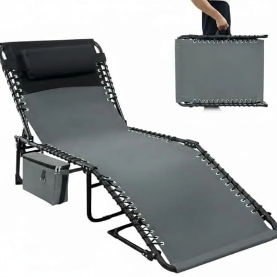 

5-Position Adjustable Outdoor Chaise Lounge Chair - Folding Sun Lounger with Carry Handle Side Pocket Removable Pillow - Portab