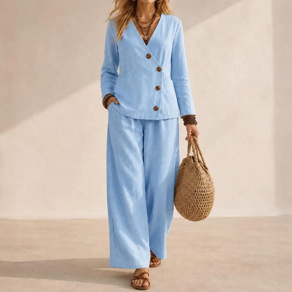 2026 Women Vacation Outfit Minimalist Summer Autumn Set Women’s Linen Blend Outfit Set V Neck Wooden Button Top Loose Wide for F