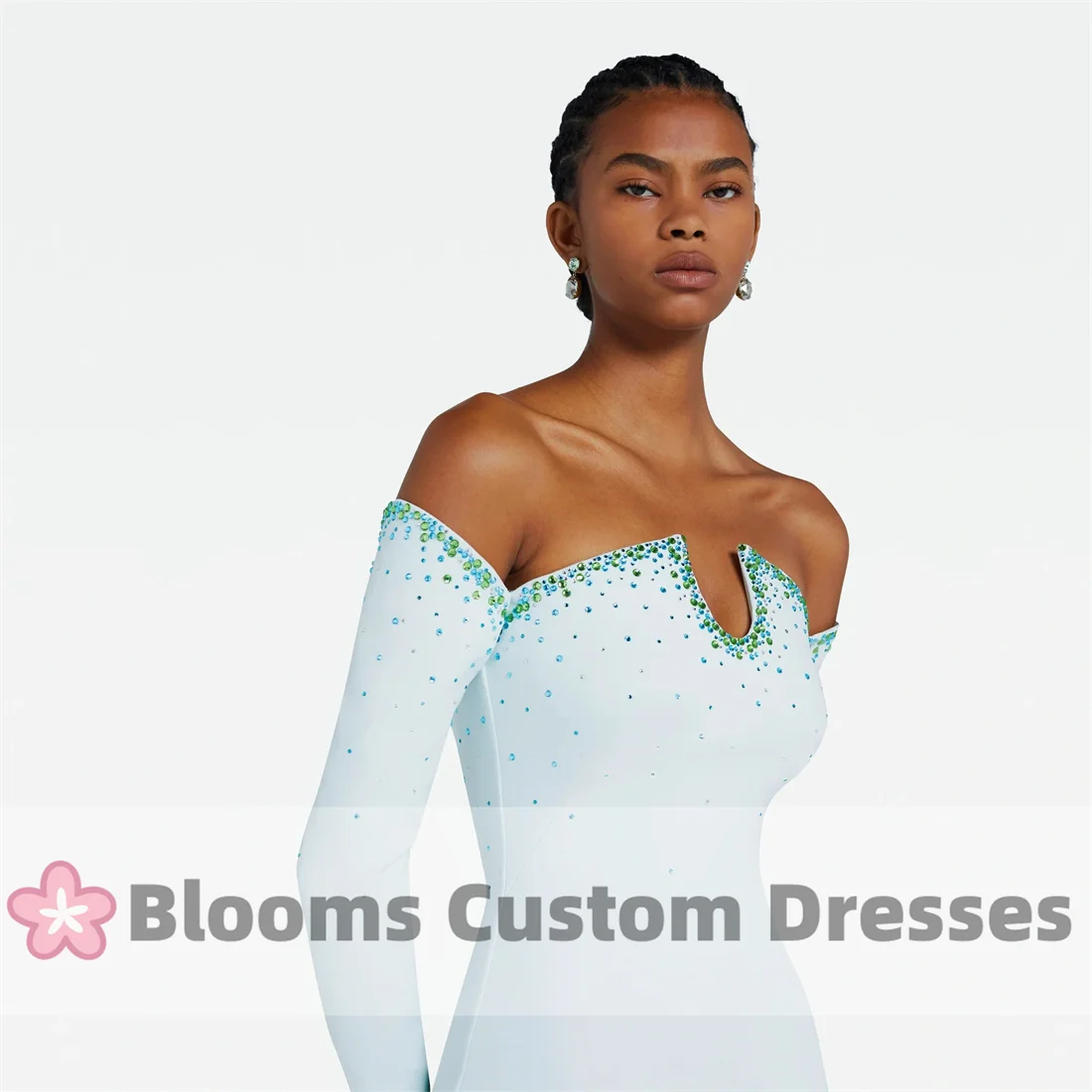 Blooms Light Blue Customized Evening Dresses Elegant Long Sleeves Formal Occasion Backless Wedding Green Blue Beaded Prom Dress