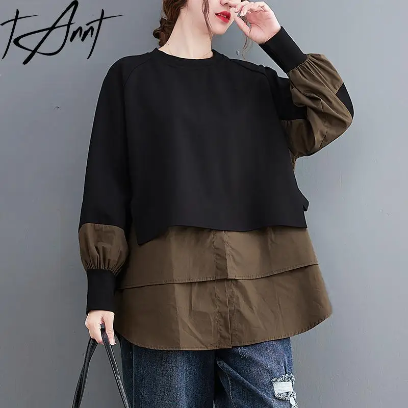 

GetSpring Women Hoodies 2024 Autumn Color Matching Fake Two Sweatshirt Pullovers Full Sleeve Loose Casual Long Womens Tops New