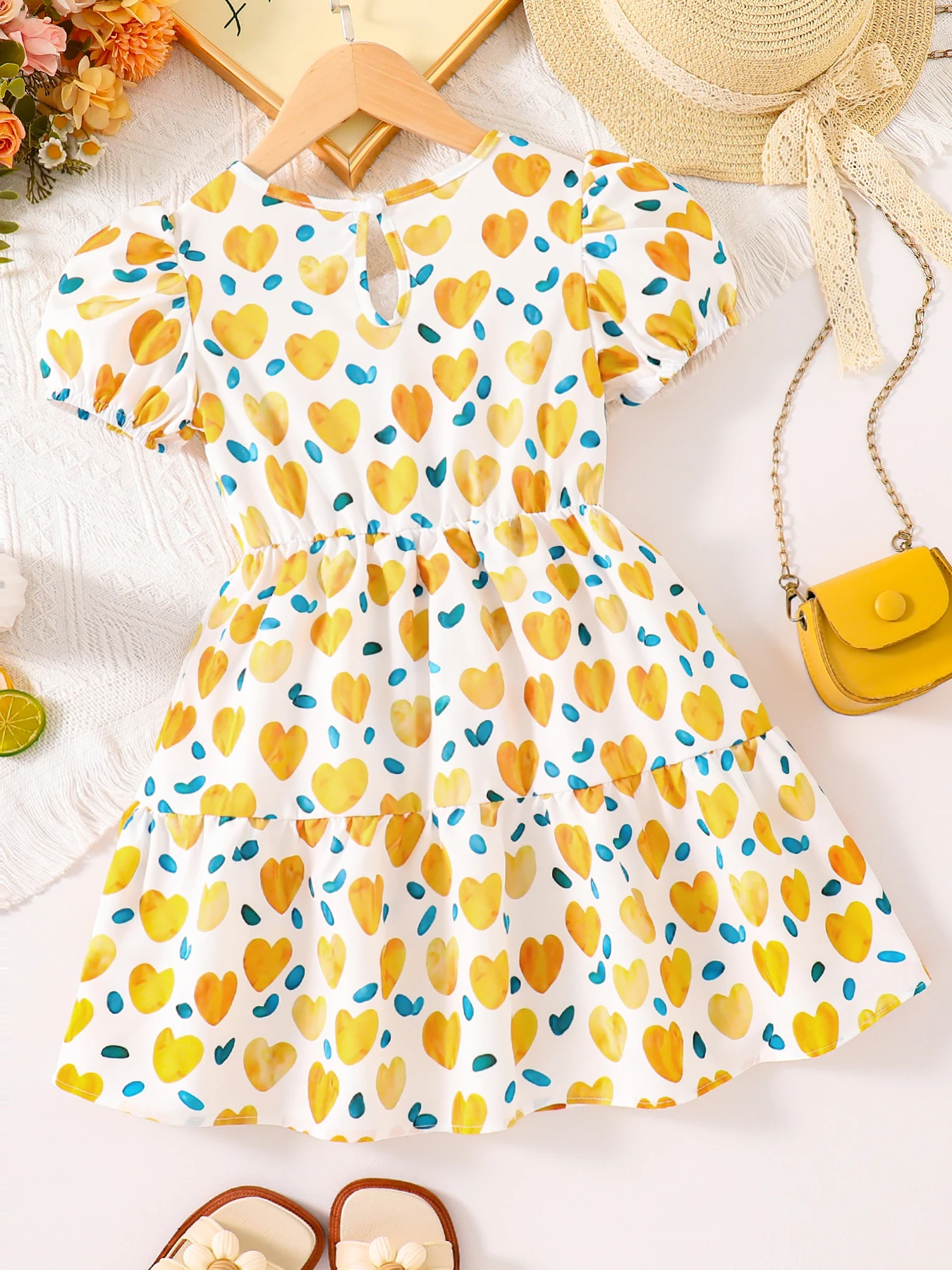 Girls' Fashionable and Simple Summer Clothing, Toddler Girls' Heart-Shaped Cartoon Pattern All-Over Print Back-Zip Cinched Waist Mid-Length Dress, Girls' Daily Soft and Comfortable Youthful and Beautiful Clothing, Young Girls' Outdoor Travel and Outing Stylish and Energetic Children's Wear