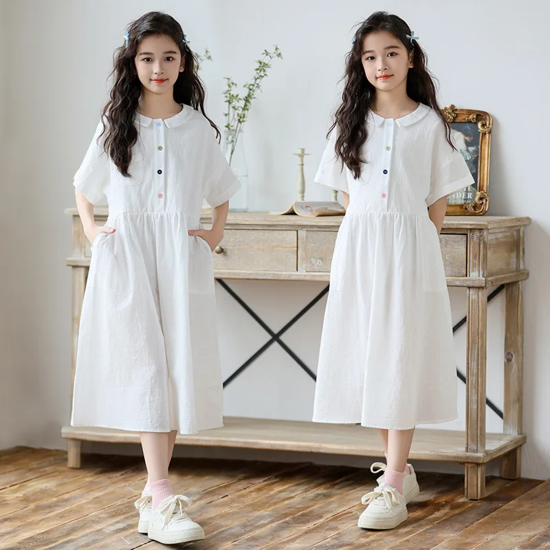 

Girls' Summer 2026 Linen Blend Dress, Small Fresh Academic Style Midi Dress for Big Kids and Teen Girls Vacation Outing
