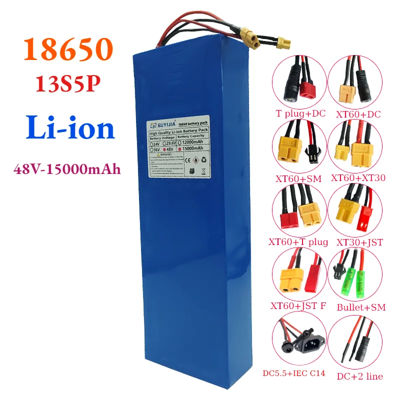 18650 13S5P 48V 15Ah 15000mAh Lithium Battery Pack with BMS for 500-750W Scooter, Power Tool, Motorcycle