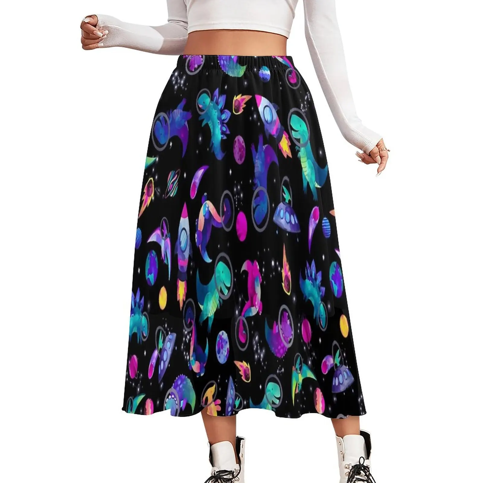 

Space Dinosaur Skirt Woman Watercolor Animal Retro Long Skirts Custom Elastic Waist Korean Fashion Casual Skirt Big Size 3XL 4XL