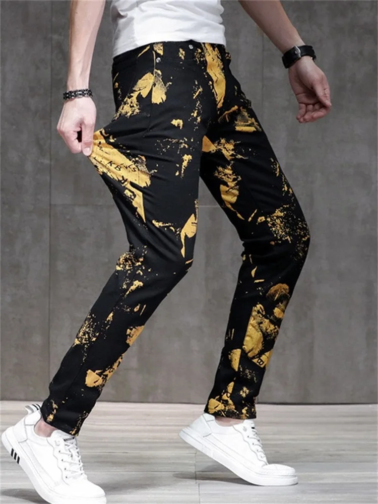 Winter Yellow And Black Men's 3D Text Jeans Men's Marble Decoration Fashionable Straight Tube Gradient Color Pants Slim Fit 024