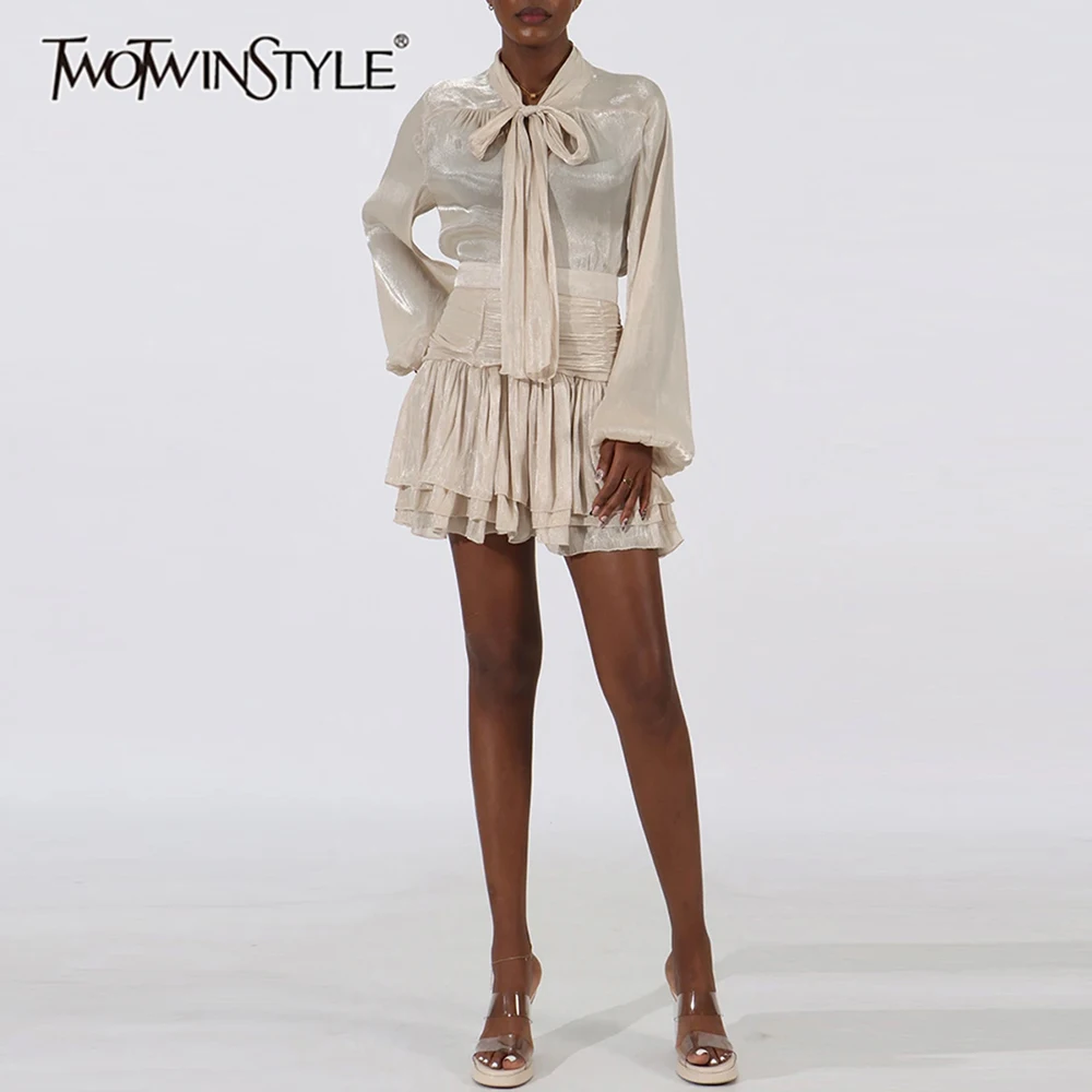 

VGH Solid Loose Elegant Sets For Women Round Neck Long Sleeves Spliced Lace Up Top Patchwork Folds Skirts Chic Set Female New