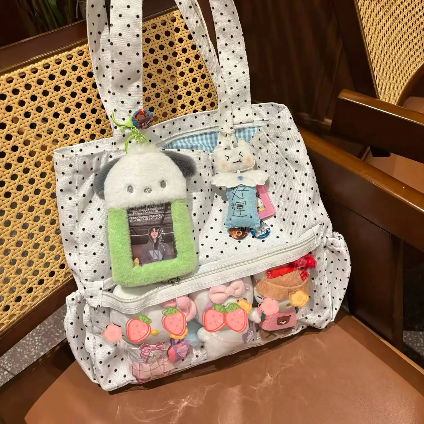 

New Y2k Anime Polka Dot Ita Shoulder Bag Two-dimensional Large Capacity Cute Girl Transparent Tote Bag Otaku DIY Display Handbag