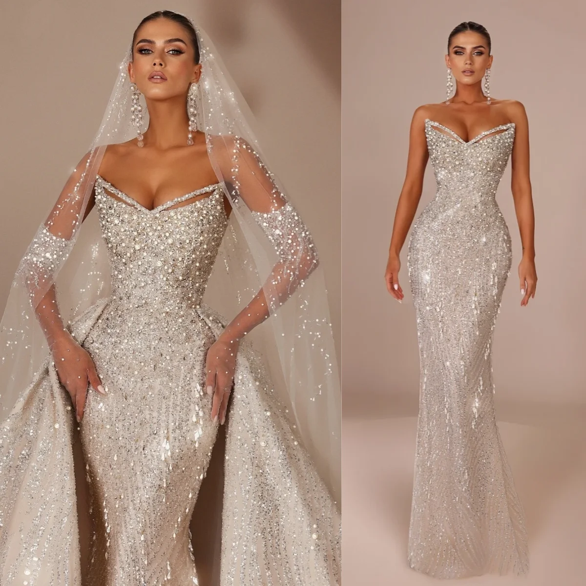 

Королевское роскошное сверкающее свадебное платье с v-образным вырезом, романтическое жемчужное украшение, бальное платье русалки невесты со съемным хвостом по индивидуальному заказу