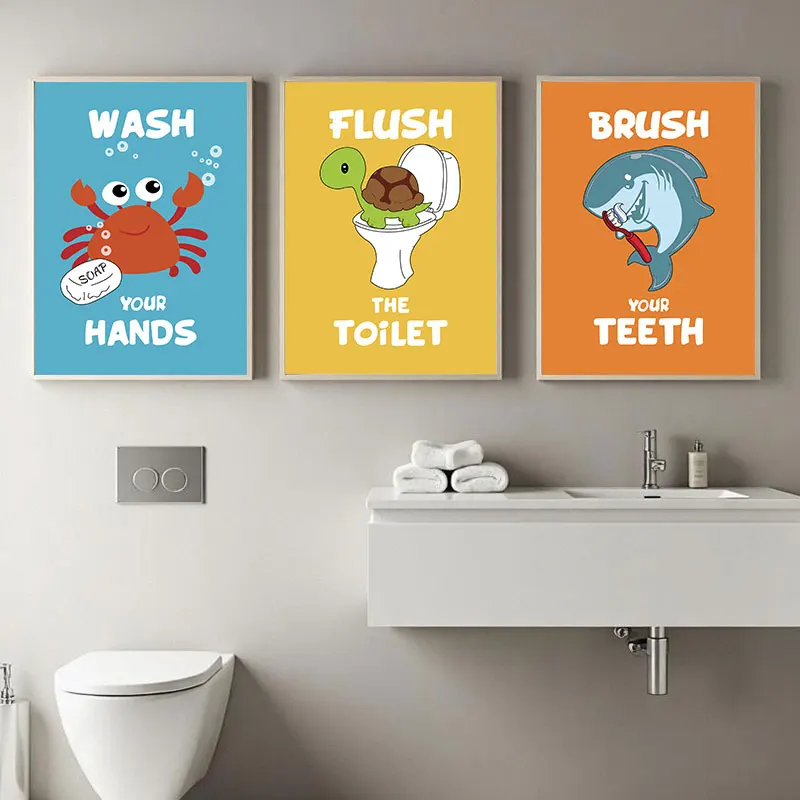 Colorful Cute Style Bathroom Quotes Canvas Art Poster Prints Modern Playful Animals Wall Decorative Picture for Toilet Nursery