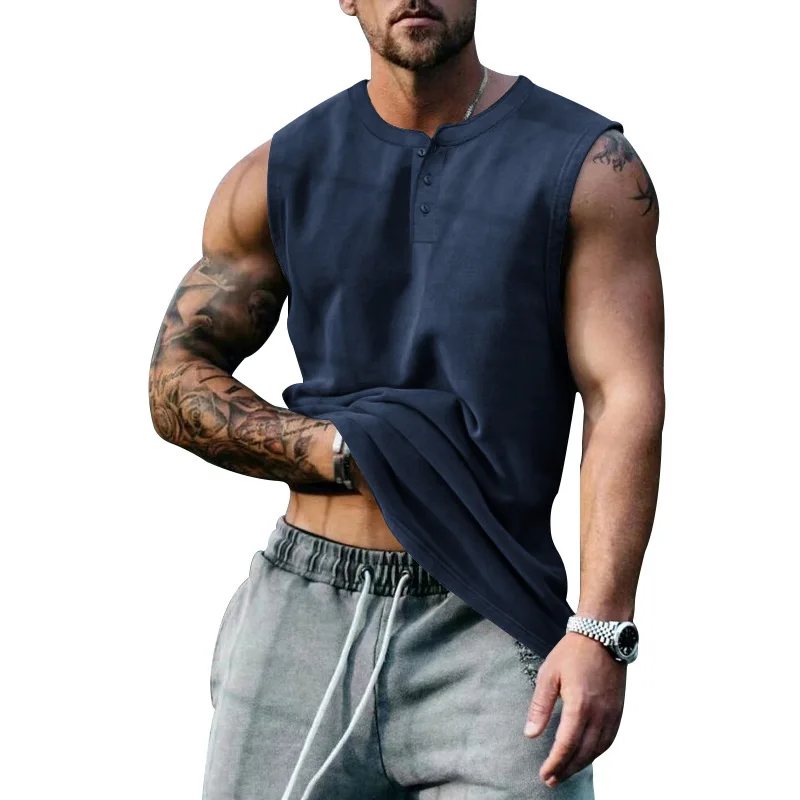 2025 Summer Men's Sleeveless Fashion Casual Basketball Men's Tank Top Large Round Neck Slim Solid Color T-shirt Men's Tank Top
