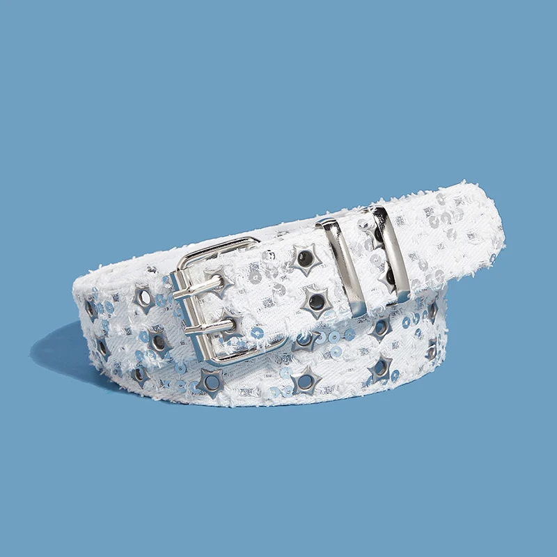 Y2K Punk Star Sequins เข็มขัดผู้หญิงผู้ชาย PU สายรัดเอวคู่แถว Hollow อินเทรนด์เข็มขัดกางเกงยีนส์กระโปรงตกแต่ง