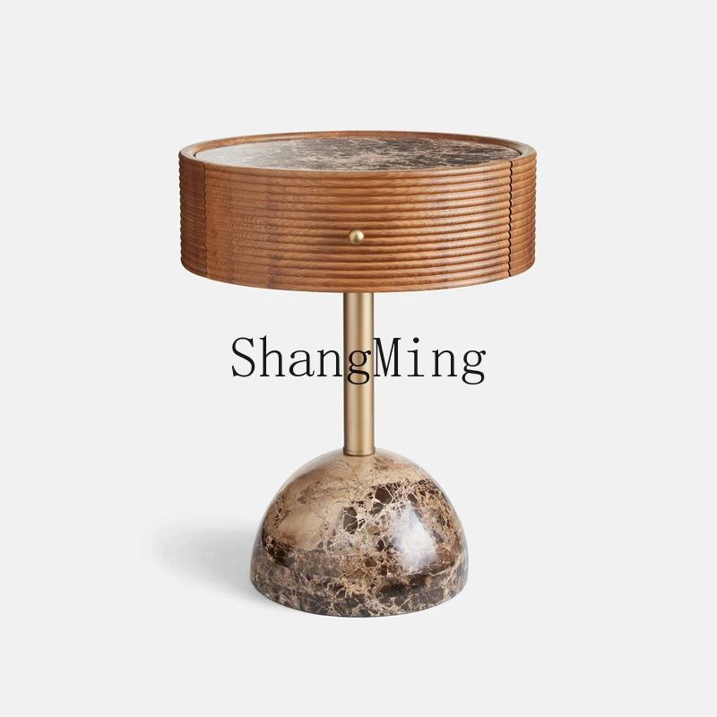

DHY simple solid wood round edge small round table corner few retro marble sofa small tea table