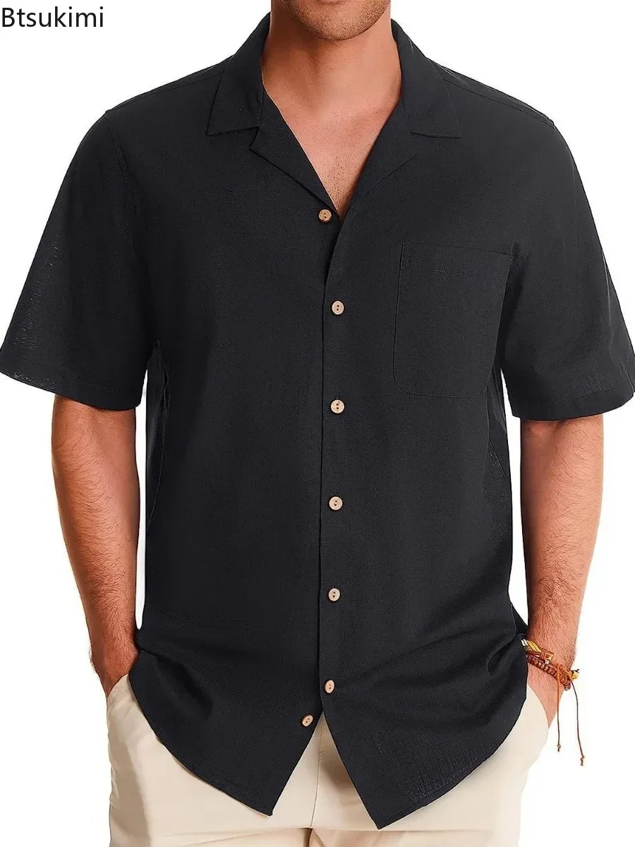 New2025, camisa informal lisa de verano para hombre, moda de manga corta con solapa, Tops simples transpirables, cárdigan cómodo, blusa holgada para playa para hombre