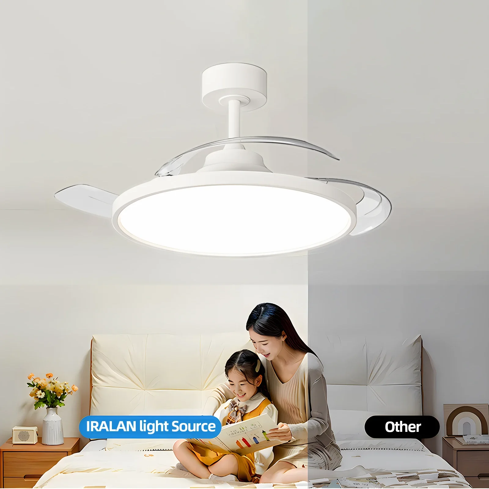

48W Invisible Fan Light 52CM With Remote Control Room Lighting Silent Retractable Blade Fan Suitable For E27 Base