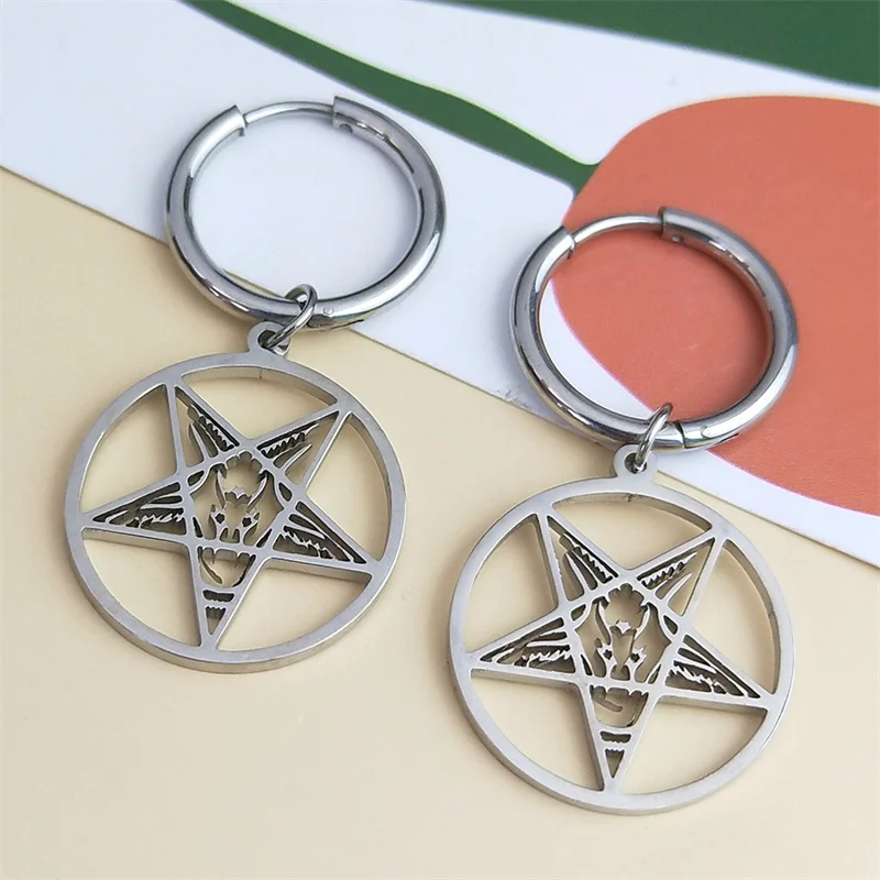 Goth Baphomet Inverted Pentagram Goat Hoop Earrings Stainless Steel Satan Lucifer Devil Earring Jewelry aretes hombre E1712S08