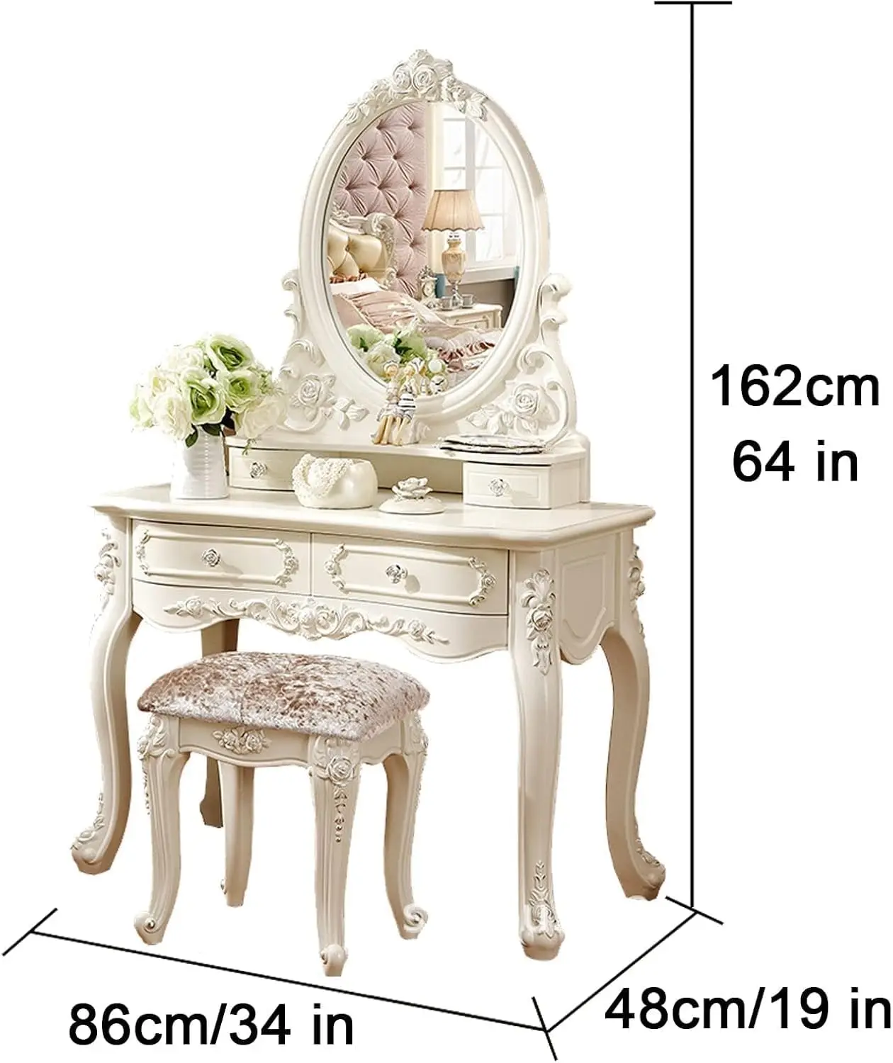 Makeup Table with Mirror, Bedroom Dressing Table with Drawer, European Dressing Table with Stool and Mirror(33.9in)