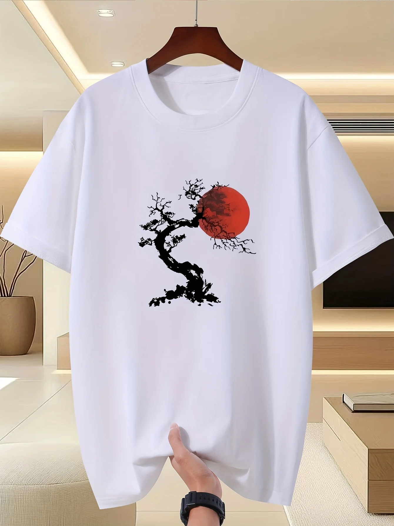 Men's Japanese Bonsai Tree Red Sun T-shirt Zen Art Graphic Casual Short Sleeve White Tee Asian Streetwear Shirt