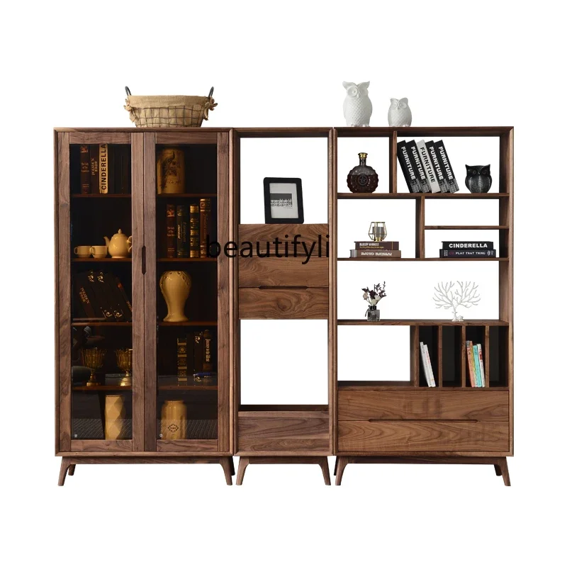 Y Black walnut bookcase against the wall Nordic bookshelf glass door combination floor-standing home display cabinet